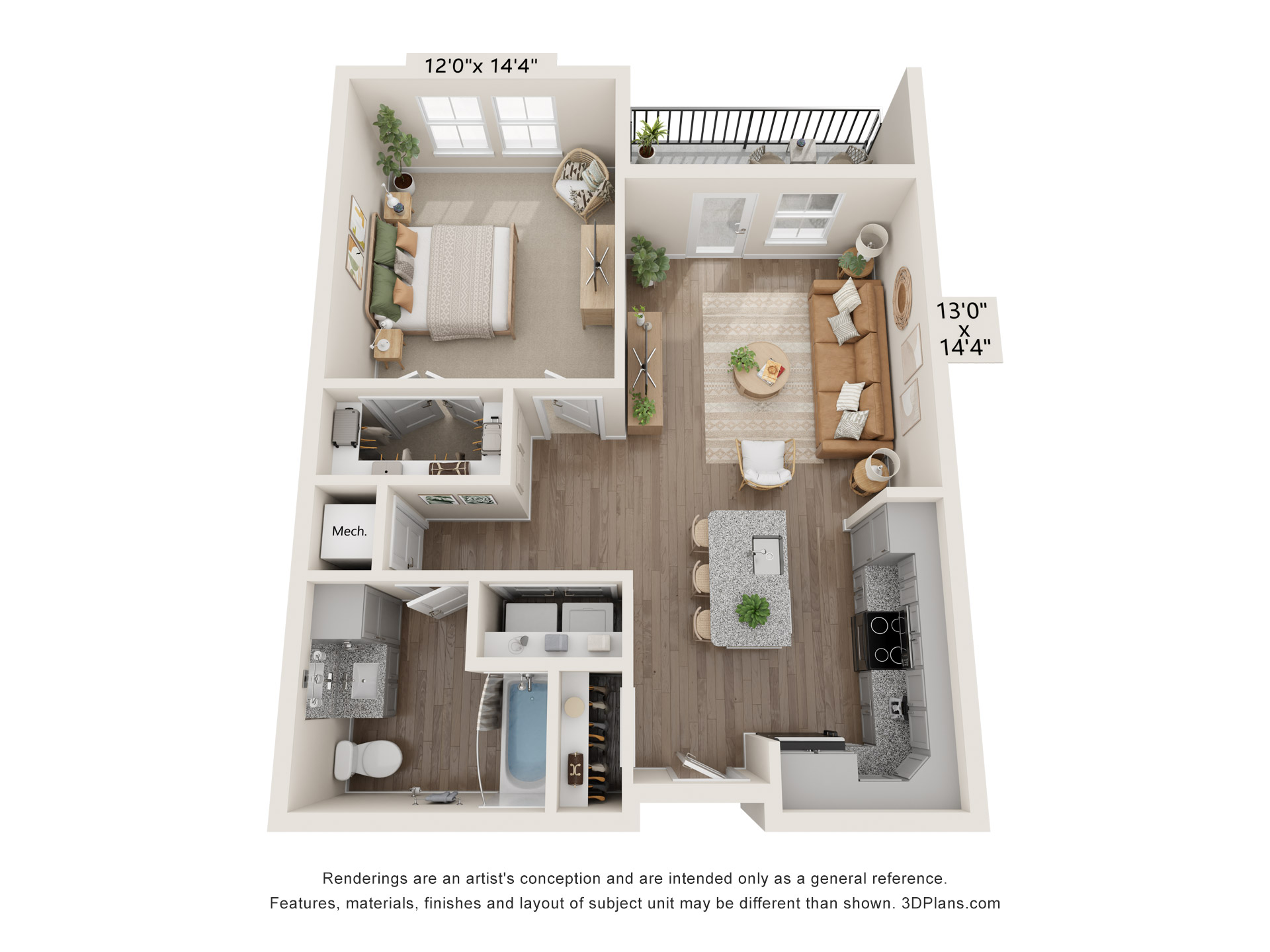 Floor plan for 1 bed, 1 bath, 711 sqft
